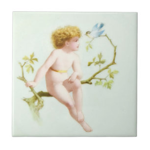 Edwardian Era Blonde Baby och Bird Kakelplatta