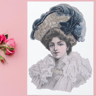 Edwardian Fashionable dam i blå hatt Hälsningskort