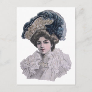 Edwardian Fashionable dam i blå hatt Vykort