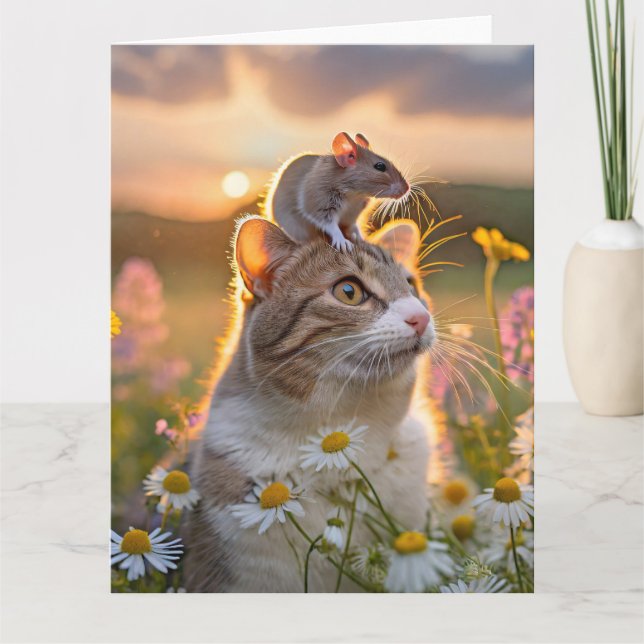 Een kat met een muis op zijn kop tussen de bloemen kort (Framsida)
