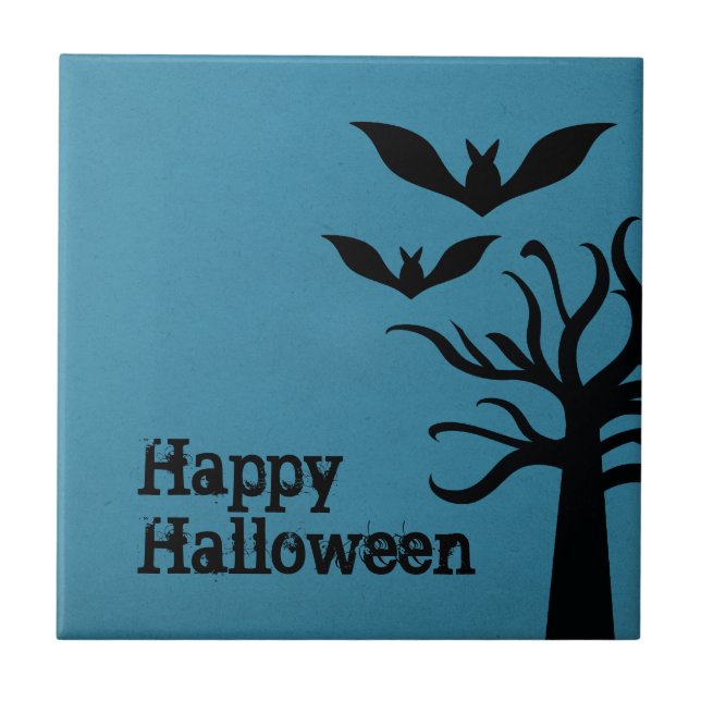 Eerie Fladdermöss Halloween Tile, Blue Kakelplatta (Framsidan)