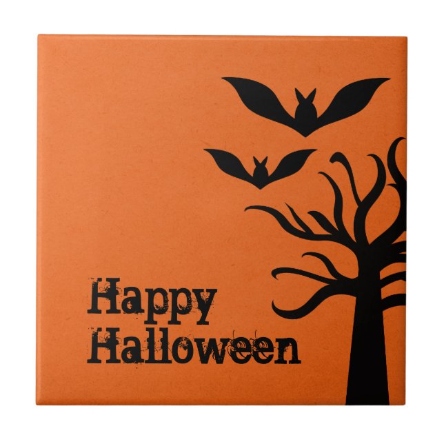 Eerie Fladdermöss Halloween Tile, Orange Kakelplatta (Framsidan)
