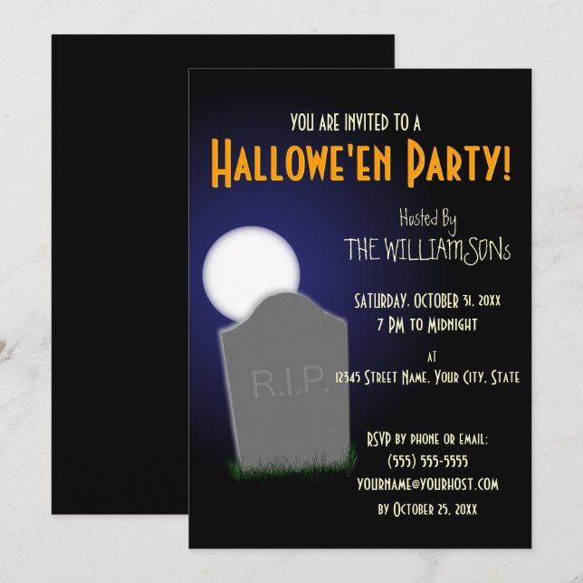 Eerie Halloween Måne och Gravsten Inbjudningar (Fram/baksida)