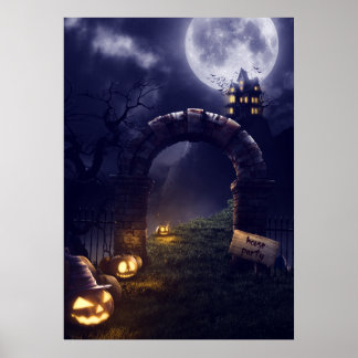 Eerie Halloween Nattfull måne och hemligt hus | Poster