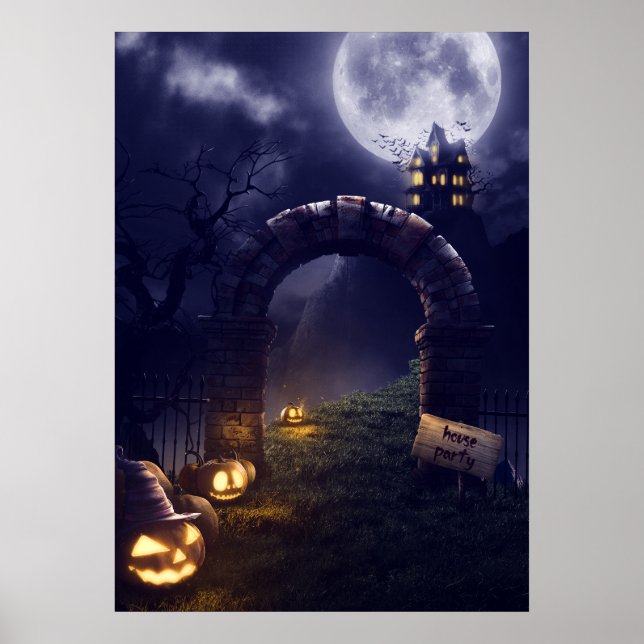 Eerie Halloween Nattfull måne och hemligt hus | Poster (Framsidan)