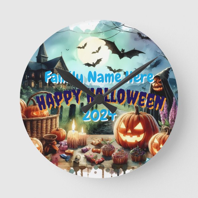 Eerie Halloween Night Watercolor Rund Klocka (Framsida)