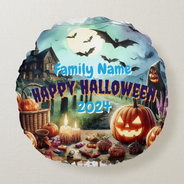 Eerie Halloween Night Watercolor Rund Kudde (Framsidan)