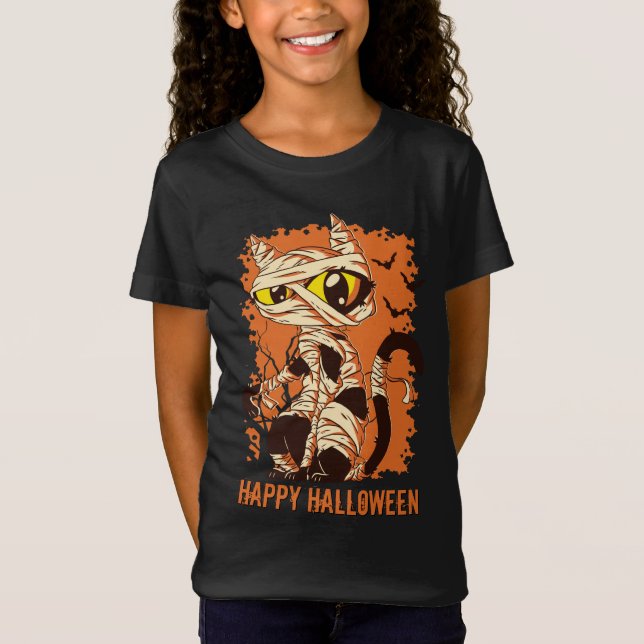 Eerie Mummy Cat Happy halloween T Shirt (Framsida)