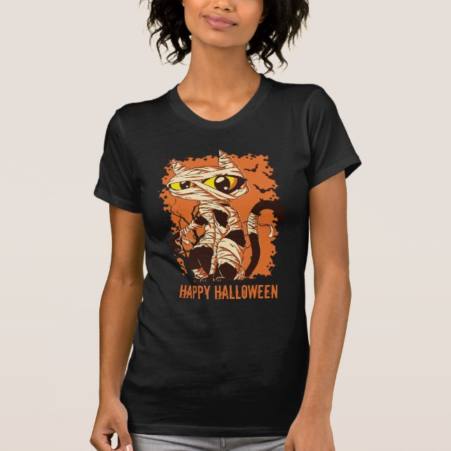 Eerie Mummy Cat Happy halloween T Shirt (Framsida)