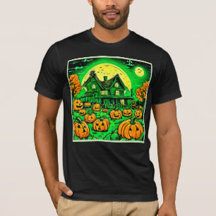 Eerie Nightfall: Halloween Tecknad Pumpkin Patch T Shirt