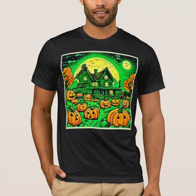Eerie Nightfall: Halloween Tecknad Pumpkin Patch T Shirt (Framsida)