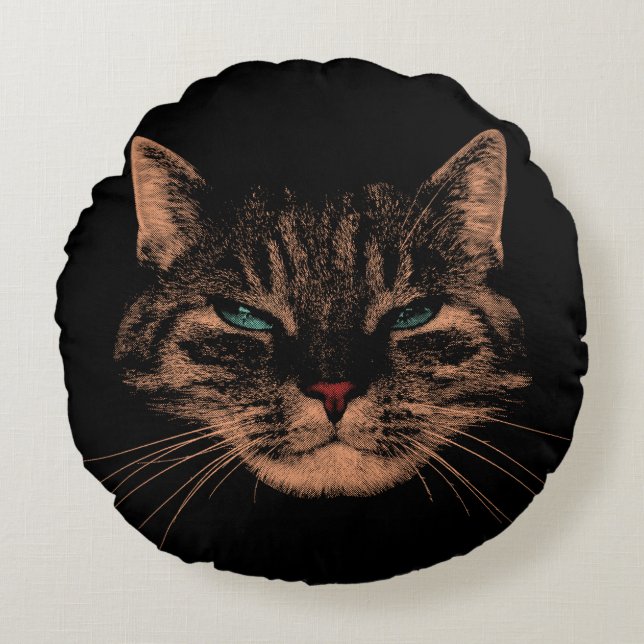 Eerie Ögon Cat Petrifying Purrs Halloween Cat Rund Kudde (Framsidan)