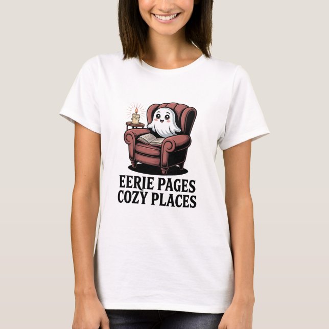 Eerie Pages Mysigt Ställe - mysiga spöket bok T Shirt (Framsida)