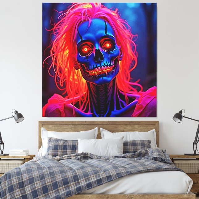 Eerie Skeleton med Rosa Hair Design Canvastryck (Insitu (sovrum))