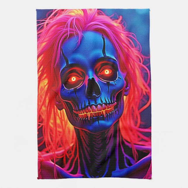Eerie Skeleton med Rosa Hair Design Kökshandduk (Vertikal)