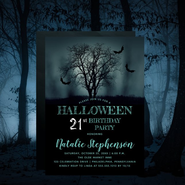 Eerie Träd Fladdermöss Halloween 21:a födelsedagen Inbjudningar (Eerie Tree and Bats Halloween 21st Birthday Party Invitation)