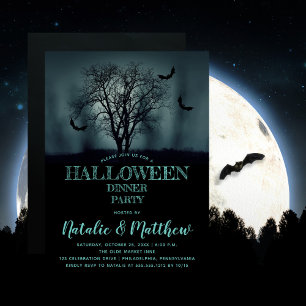Eerie Träd Fladdermöss Night Halloween Middag Pa Inbjudningar