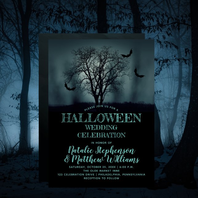 Eerie Träd Fladdermus Halloween Bröllop Firande Inbjudningar (Eerie Tree Bats Halloween Wedding Celebration Invitation)