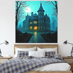 Eerie Victorian Mansion Moonlight Canvastryck