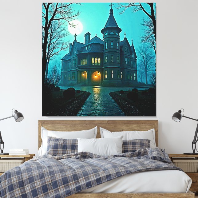 Eerie Victorian Mansion Moonlight Canvastryck (Insitu (sovrum))