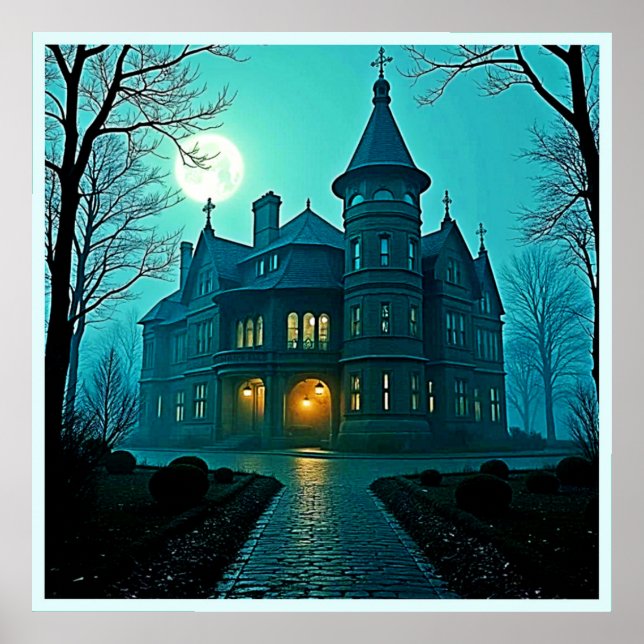 Eerie Victorian Mansion Moonlight Poster (Framsidan)