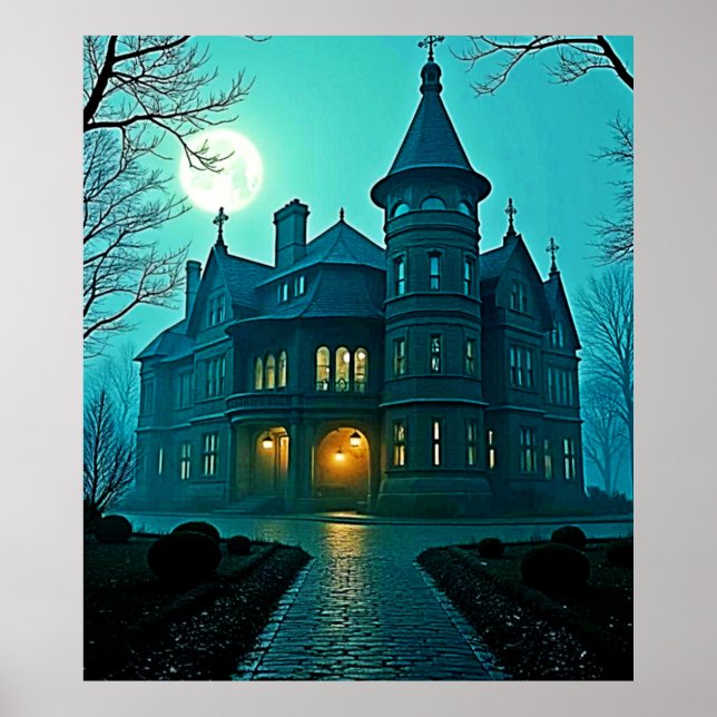 Eerie Victorian Mansion Moonlight Poster (Framsidan)