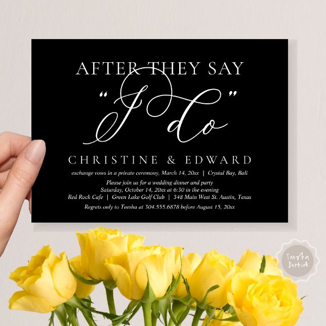 Efter att de säger att jag gör det, Bröllop Elopem Inbjudningar (After They Say I Do, Wedding Elopement Dinner Invitation Card, PDF, Romantic, in Classy Black)