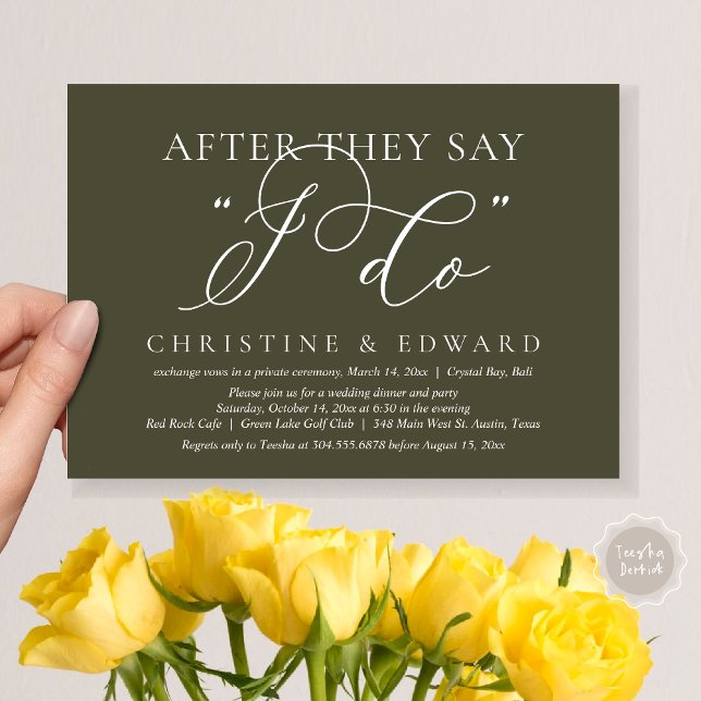 Efter att de säger att jag gör det, Bröllop Elopem Inbjudningar (After They Say I Do, Wedding Elopement Dinner Invitation Card, PDF, Romantic, in Olive Green)