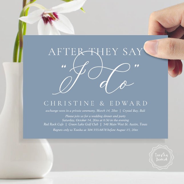 Efter att de säger att jag gör det, Bröllop Elopem Inbjudningar (After They Say I Do, Wedding Elopement Dinner Invitation Card, PDF, Romantic, in Dusty Blue)