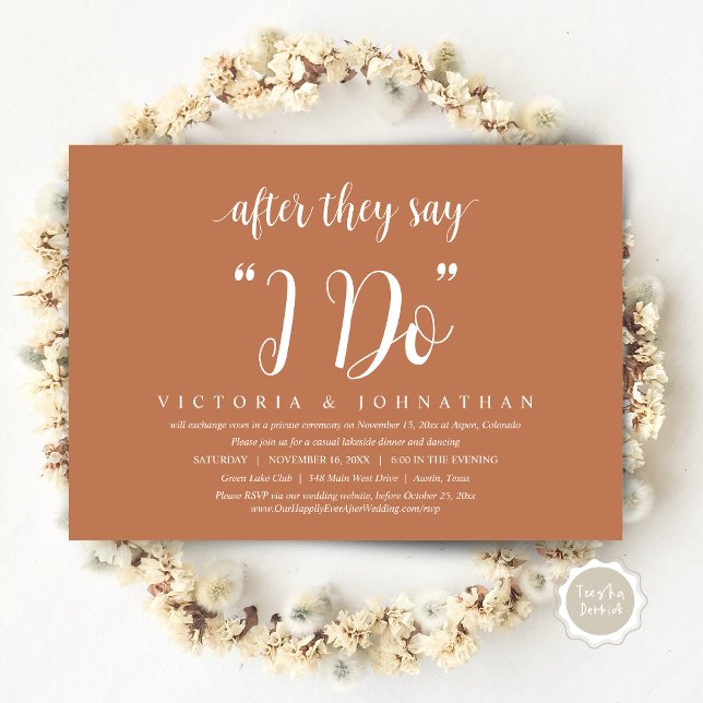 Efter att de säger att jag gör det, Bröllop Elopem Inbjudningar (After They Say I DO, Wedding Elopement Dinner Invitation Card, PDF, Modern Rustic, in Copper Rust)