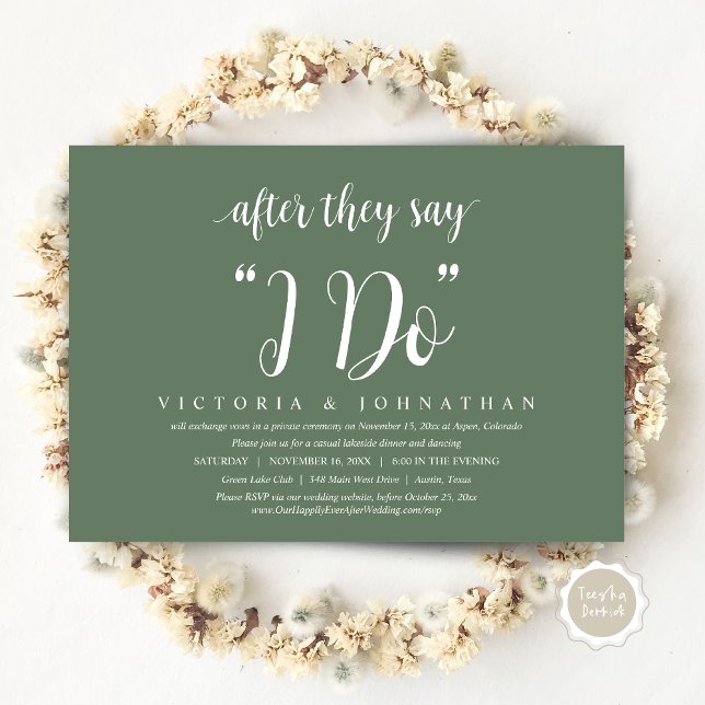 Efter att de säger att jag gör det, Bröllop Elopem Inbjudningar (After They Say I DO, Wedding Elopement Dinner Invitation Card, PDF, Modern Rustic, in  Sage Green)