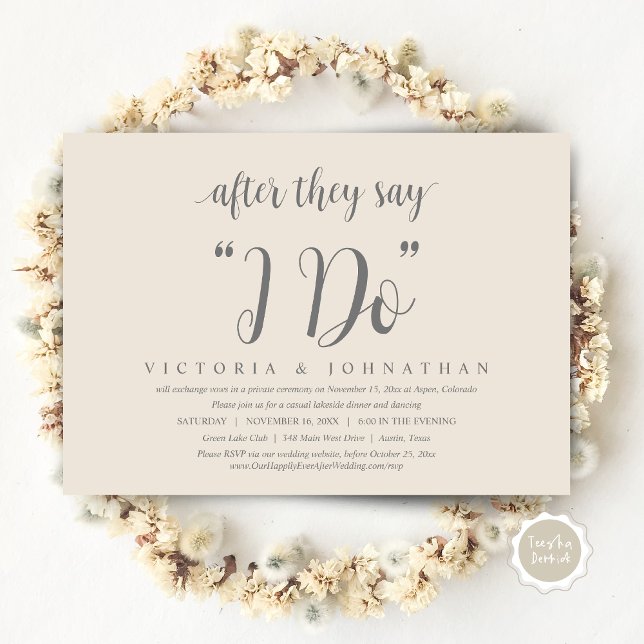 Efter att de säger att jag gör det, Bröllop Elopem Inbjudningar (After They Say I DO, Wedding Elopement Dinner Invitation Card, PDF, Modern Rustic, Grey Cream)