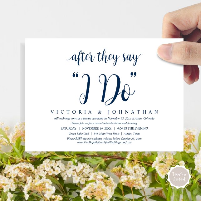 Efter att de säger I DO, Bröllopsflykt Middag Inbj Inbjudningar (After They Say I DO, Wedding Elopement Dinner, Brunch, Lunch Invitation Card, PDF, Navy Blue)
