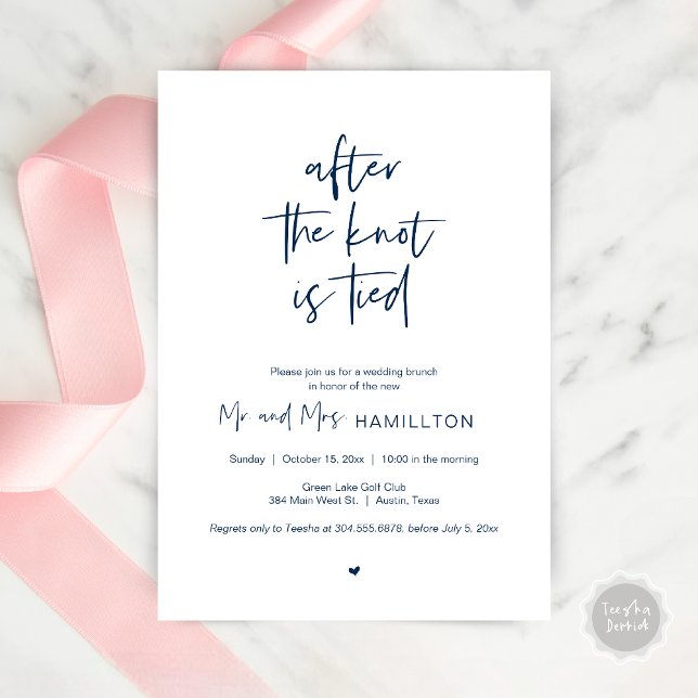 Efter bröllop Brunch, efter det att kungen är bund Inbjudningar (After the knot is tied, Wedding Elopement Brunch, Lunch, Dinner Party Invitation Card, PDF Navy Blue)