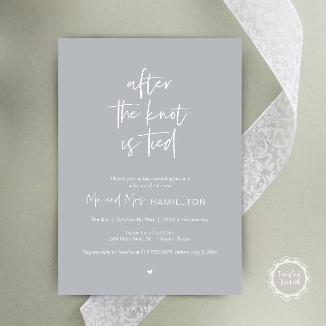 Efter bröllop Brunch, efter det att kungen är bund Inbjudningar (After the knot is tied, Wedding Elopement Lunch, Dinner, Brunch Party Invites Card, PDF, Chill Grey)