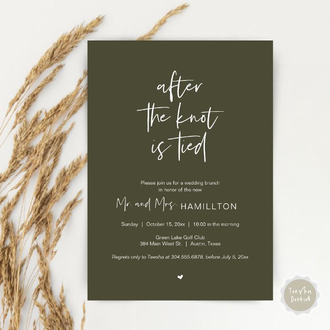 Efter bröllop Brunch, efter det att kungen är bund Inbjudningar (After the knot is tied, Wedding Elopement Lunch, Dinner, Brunch Party Invites Card, PDF, Olive Green)