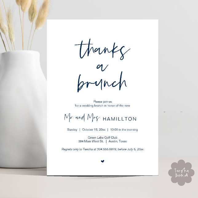 Efter bröllop Brunch, tack för en inbjudan till Br (Post wedding Brunch, Thanks a Brunch Invitation card PDF in Navy Blue)