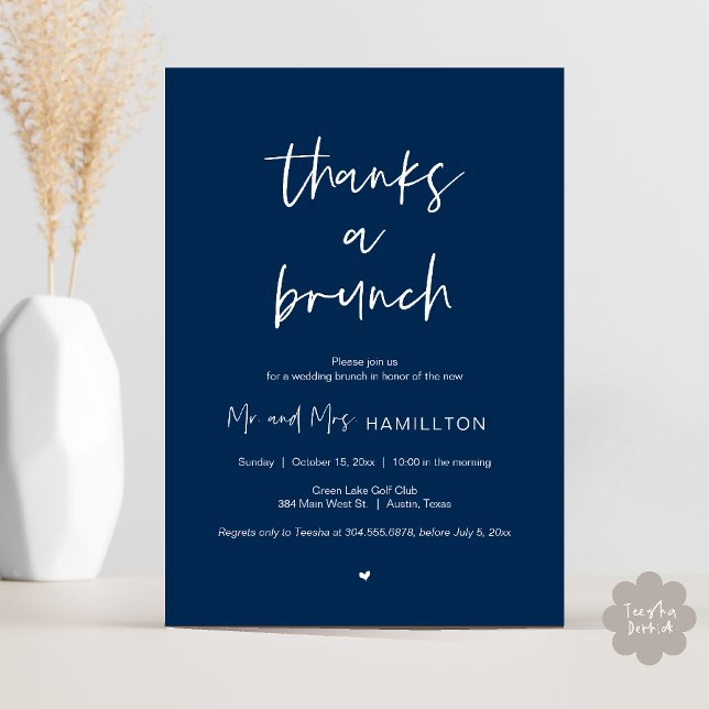 Efter bröllop Brunch, tack för en inbjudan till Br (Post wedding Brunch, Thanks a Brunch Invitation card PDF in Navy Blue)