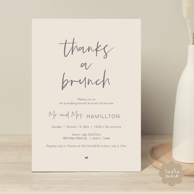 Efter bröllop Brunch, tack för en inbjudan till Br (Post wedding Brunch, Thanks a Brunch Invitation card PDF in cream grey)