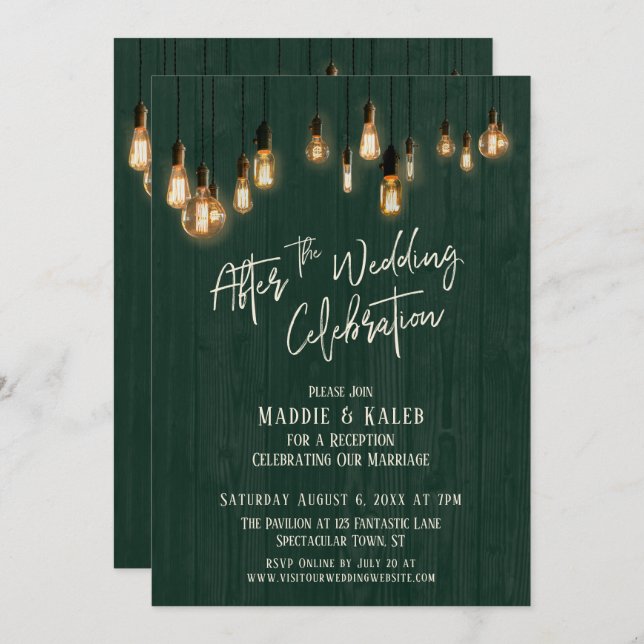 Efter Bröllop Firande Grönten Wood & Ljus Inbjudningar (Fram/baksida)
