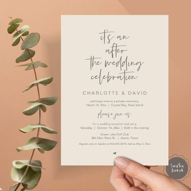 Efter bröllop, marinblått, Elopement Party Inbjudningar (Its an after the wedding celebration, Elopement Dinner Party Invitation Card, PDF, in cream grey)