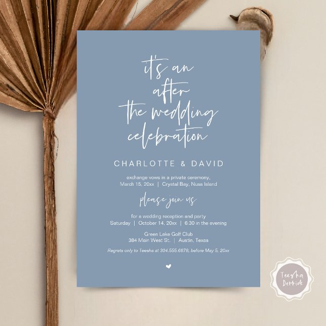 Efter bröllop, marinblått, Elopement Party Inbjudningar (Its an after the wedding celebration, Elopement Dinner Party Invitation Card, PDF, in dusty blue)