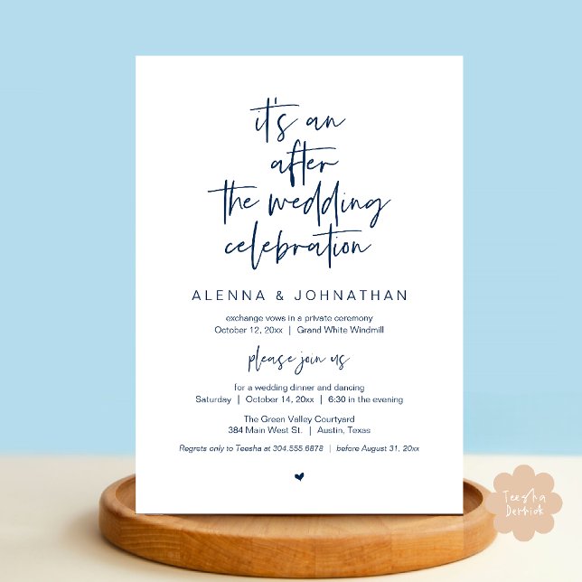 Efter Bröllop Modern Minimalistisk Ledig Fest Inbjudningar (After the Wedding Celebration Modern Minimalist Casual Dinner Party Invitation Card in Navy Blue)