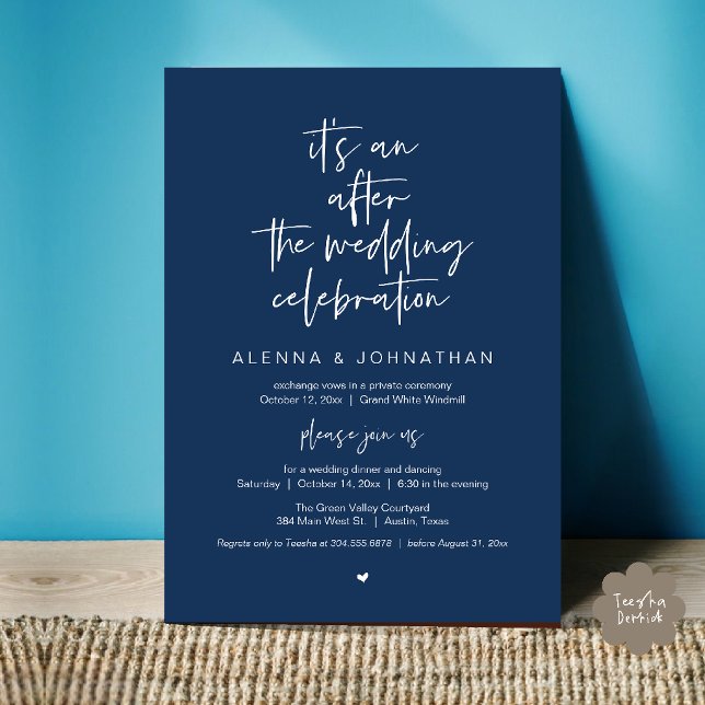Efter Bröllop Modern Minimalistisk Ledig Fest Inbjudningar (After the Wedding Celebration Modern Minimalist Casual Dinner Party Invitation Card in Navy Blue)