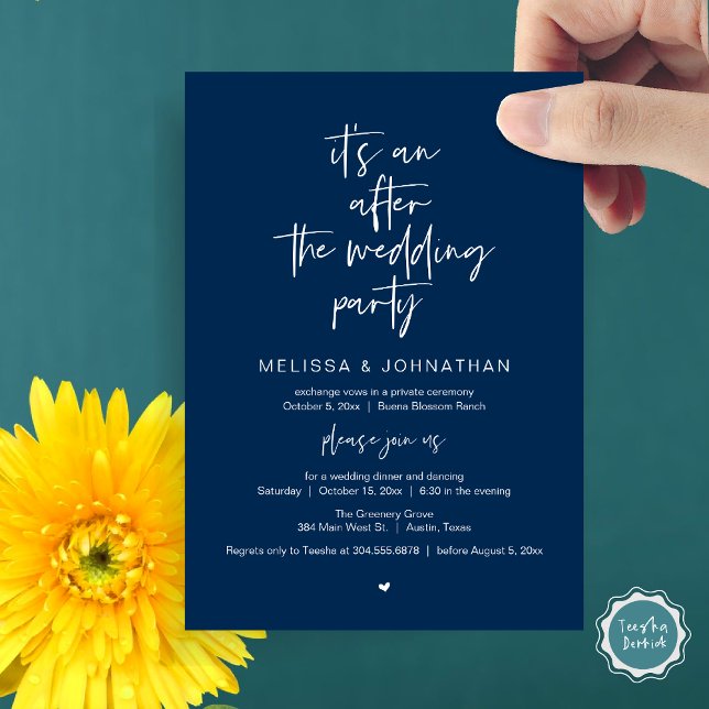 Efter bröllop, Svarta, Elopement Party Inbjudningar (It's an after the wedding, Elopement dinner dancing brunch Party Invitation Card PDF Navy Blue)
