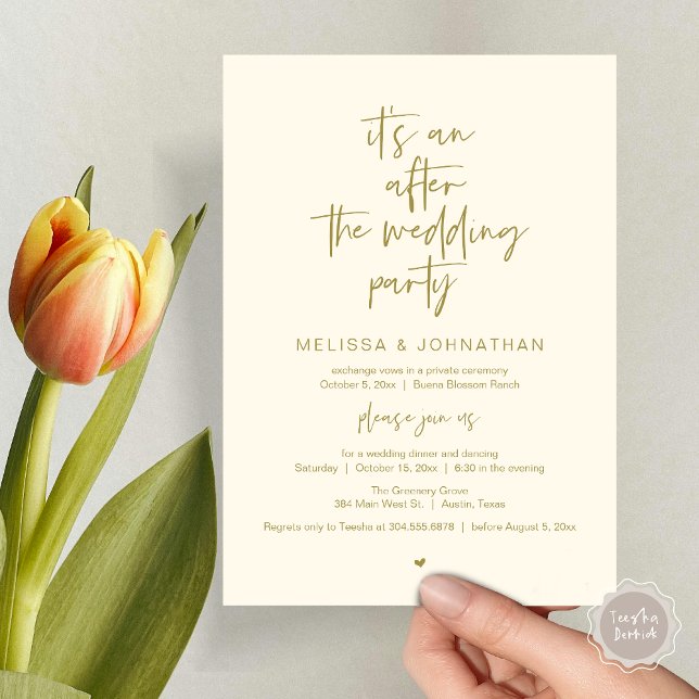 Efter bröllop, Svarta, Elopement Party Inbjudningar (It's an after the wedding, Elopement dinner dancing brunch Party Invitation Card PDF Yellow Gold)