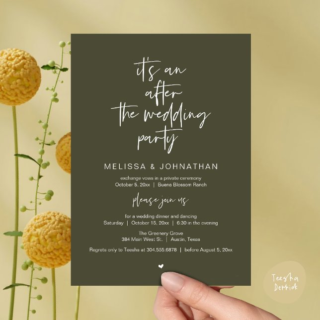 Efter bröllop, Svarta, Elopement Party Inbjudningar (It's an after the wedding, Elopement dinner dancing brunch Party Invitation Card PDF Olive Green)
