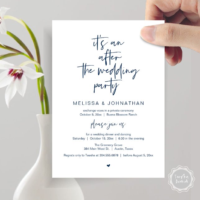 Efter bröllopet, Bröllopsfest efter flyktbröllop Inbjudningar (It's an after the wedding, Elopement dinner dancing brunch Party Invitation Card PDF Navy Blue)