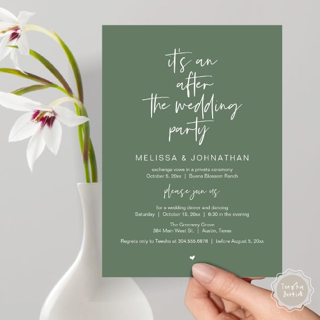Efter bröllopet, Bröllopsfest efter vigseln Inbjudningar (It's an after the wedding, Elopement dinner dancing brunch Party Invitation Card PDF Sage Green)