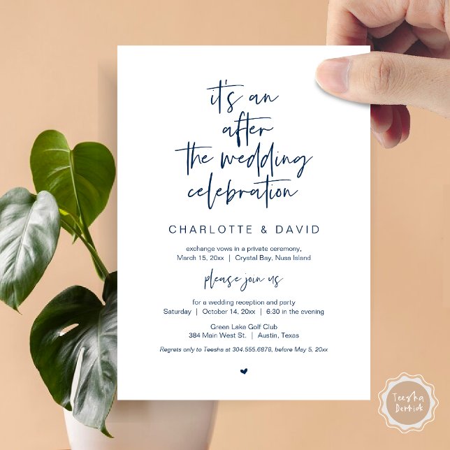 Efter bröllopet, Navy Blue, Elopement-fest Inbjudningar (Its an after the wedding celebration, Elopement Dinner Party Invitation Card, PDF, in navy blue)